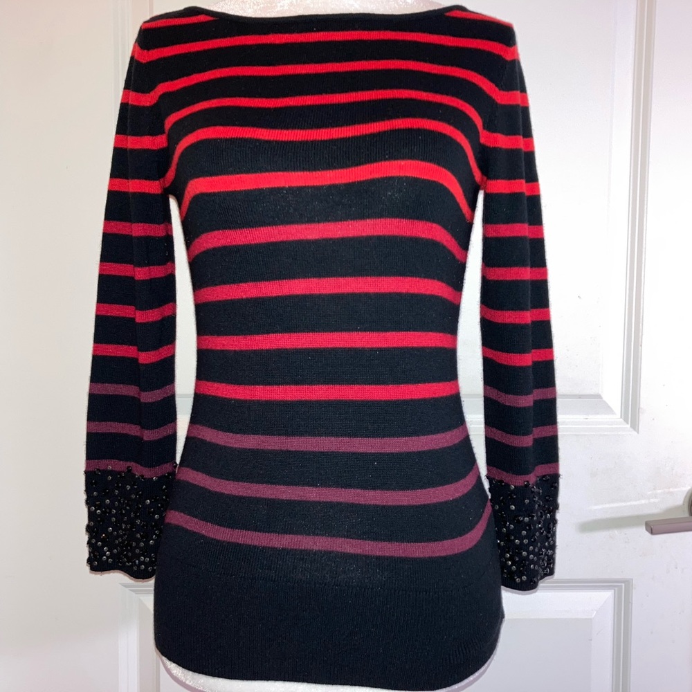C. Wonder | small | black, red | long sleeves striped top with beaded cuffs